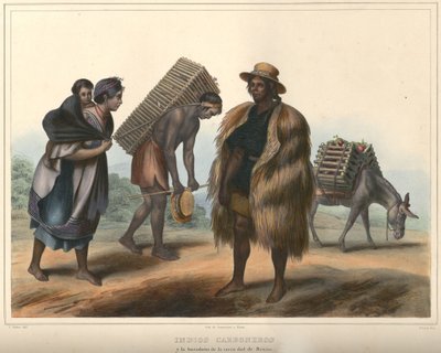 Indios Carboneros, grupo de disfraces. Litografía coloreada a mano resaltada con goma arábiga. Tamaño original (líneas limpias) de Pierre Frédéric Lehnert